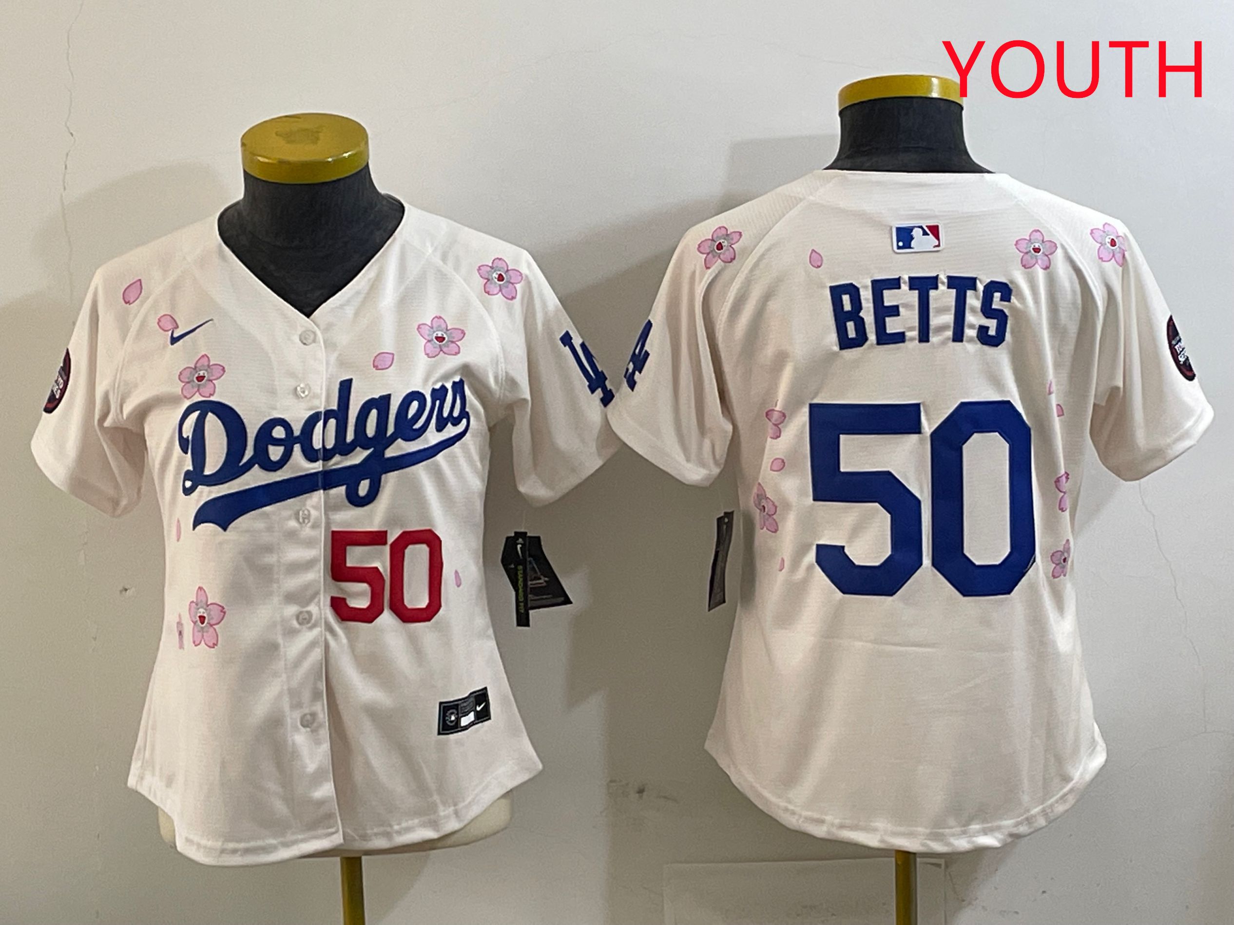 Youth Los Angeles Dodgers #50 Betts Cream Sakura Edition 2025 Nike MLB Jersey style 7
